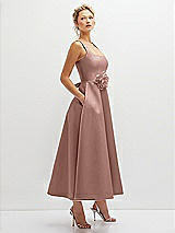 Side View Thumbnail - Neu Nude Square Neck Satin Midi Dress with Full Skirt & Flower Sash