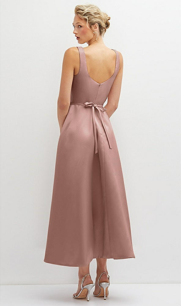 Back View - Neu Nude Square Neck Satin Midi Dress with Full Skirt & Flower Sash