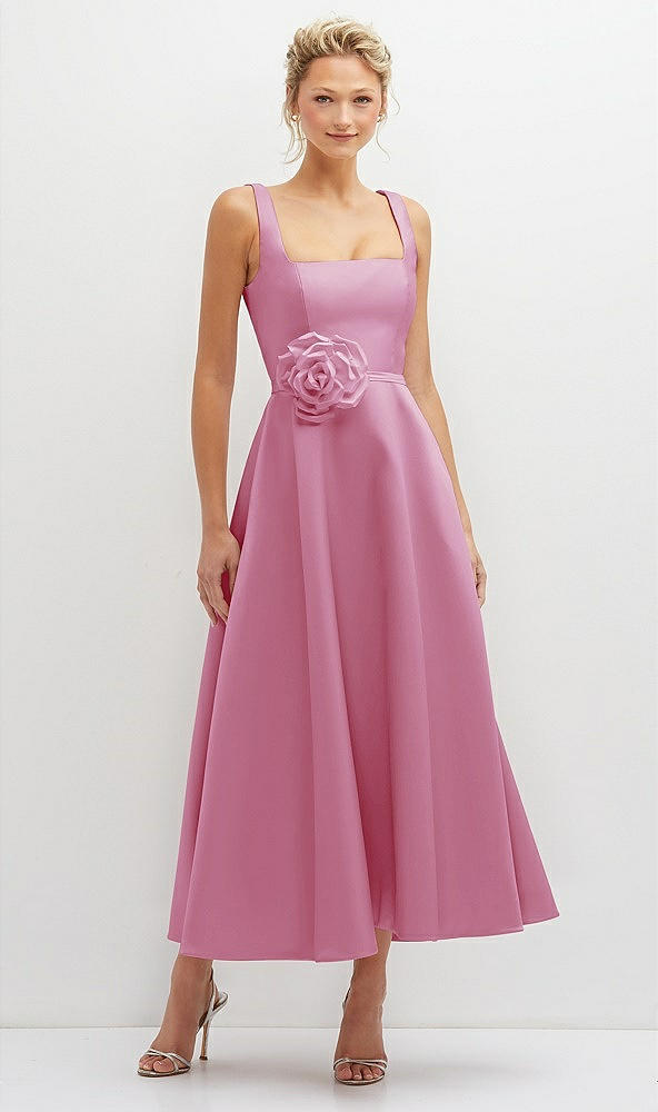 Front View - Powder Pink Square Neck Satin Midi Dress with Full Skirt & Flower Sash