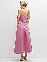 Rear View Thumbnail - Powder Pink Square Neck Satin Midi Dress with Full Skirt & Flower Sash