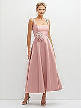 Front View Thumbnail - Rose - PANTONE Rose Quartz Square Neck Satin Midi Dress with Full Skirt & Flower Sash