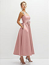 Side View Thumbnail - Rose - PANTONE Rose Quartz Square Neck Satin Midi Dress with Full Skirt & Flower Sash