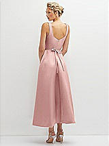 Rear View Thumbnail - Rose - PANTONE Rose Quartz Square Neck Satin Midi Dress with Full Skirt & Flower Sash