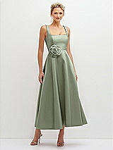 Front View Thumbnail - Sage Square Neck Satin Midi Dress with Full Skirt & Flower Sash