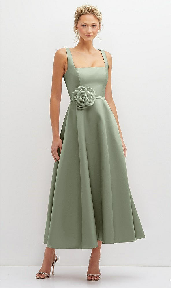 Front View - Sage Square Neck Satin Midi Dress with Full Skirt & Flower Sash