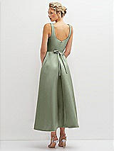 Rear View Thumbnail - Sage Square Neck Satin Midi Dress with Full Skirt & Flower Sash