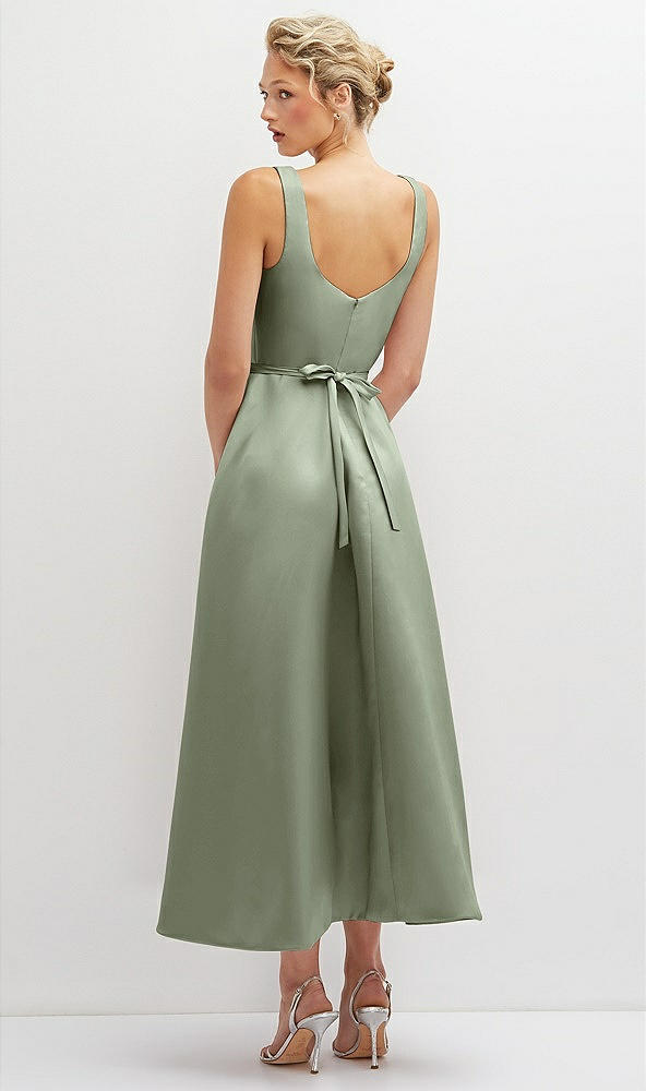 Back View - Sage Square Neck Satin Midi Dress with Full Skirt & Flower Sash