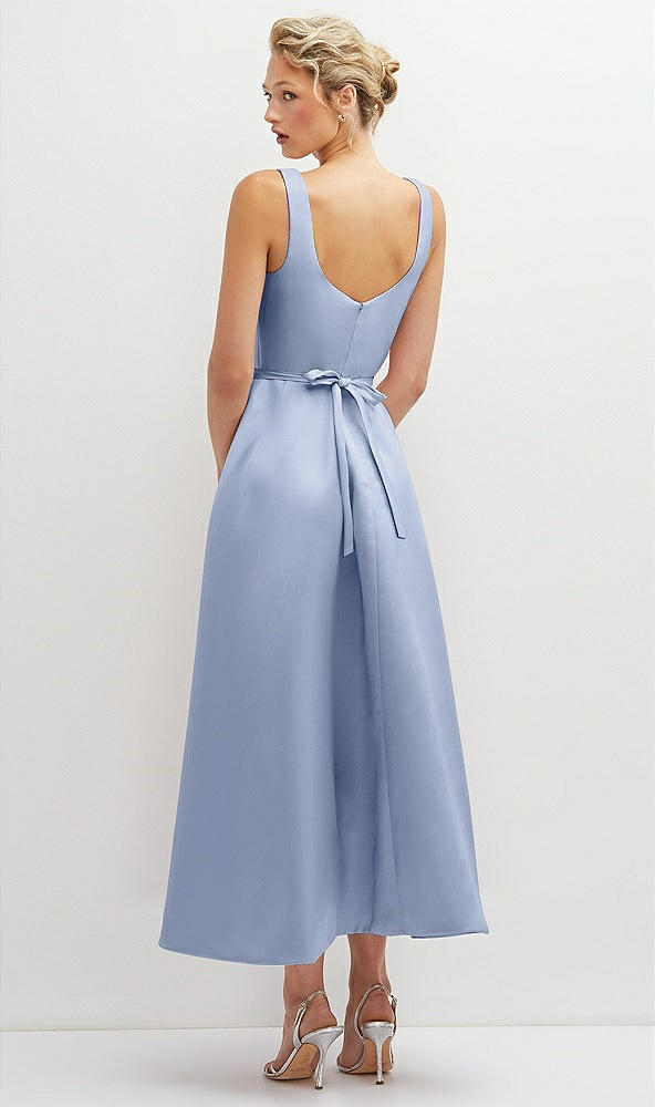 Back View - Sky Blue Square Neck Satin Midi Dress with Full Skirt & Flower Sash