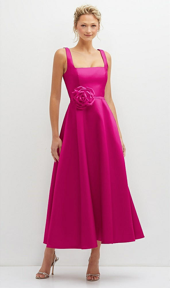 Front View - Think Pink Square Neck Satin Midi Dress with Full Skirt & Flower Sash