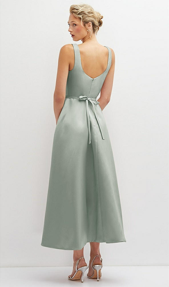 Back View - Willow Green Square Neck Satin Midi Dress with Full Skirt & Flower Sash