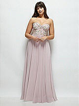 Front View Thumbnail - Suede Rose Strapless Floral Embroidered Corset Maxi Dress with Chiffon Skirt