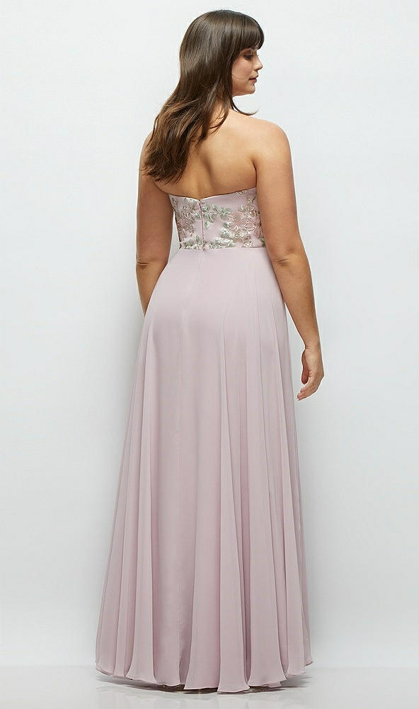 Back View - Suede Rose Strapless Floral Embroidered Corset Maxi Dress with Chiffon Skirt