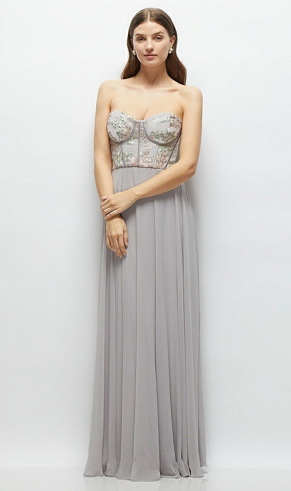 Front View - Cashmere Gray Strapless Floral Embroidered Corset Maxi Dress with Chiffon Skirt