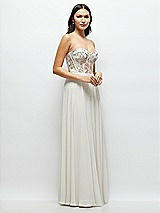 Side View Thumbnail - Oat Strapless Floral Embroidered Corset Maxi Dress with Chiffon Skirt