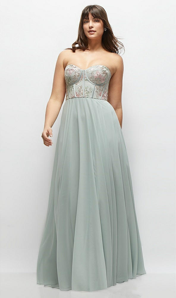 Front View - Willow Green Strapless Floral Embroidered Corset Maxi Dress with Chiffon Skirt