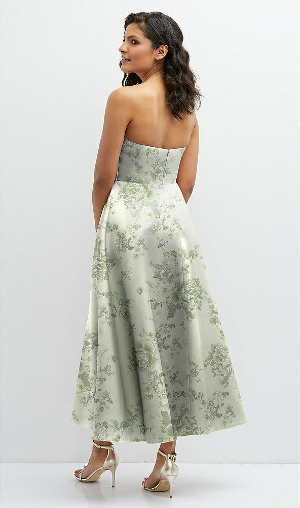 Back View - Sage Cottage Rose Draped Bodice Strapless Floral Midi Dress with Full Circle Skirt