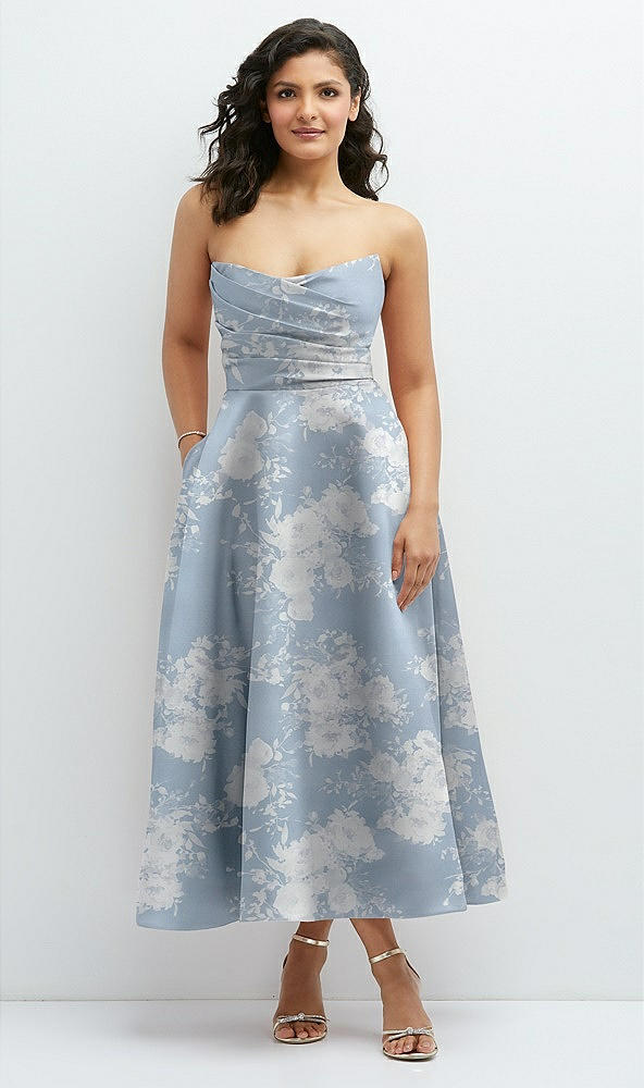 Front View - Porcelain Blue Seraphina Floral Draped Bodice Strapless Floral Midi Dress with Full Circle Skirt