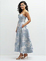 Side View Thumbnail - Porcelain Blue Seraphina Floral Draped Bodice Strapless Floral Midi Dress with Full Circle Skirt