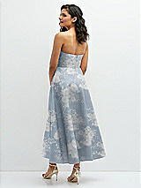 Rear View Thumbnail - Porcelain Blue Seraphina Floral Draped Bodice Strapless Floral Midi Dress with Full Circle Skirt