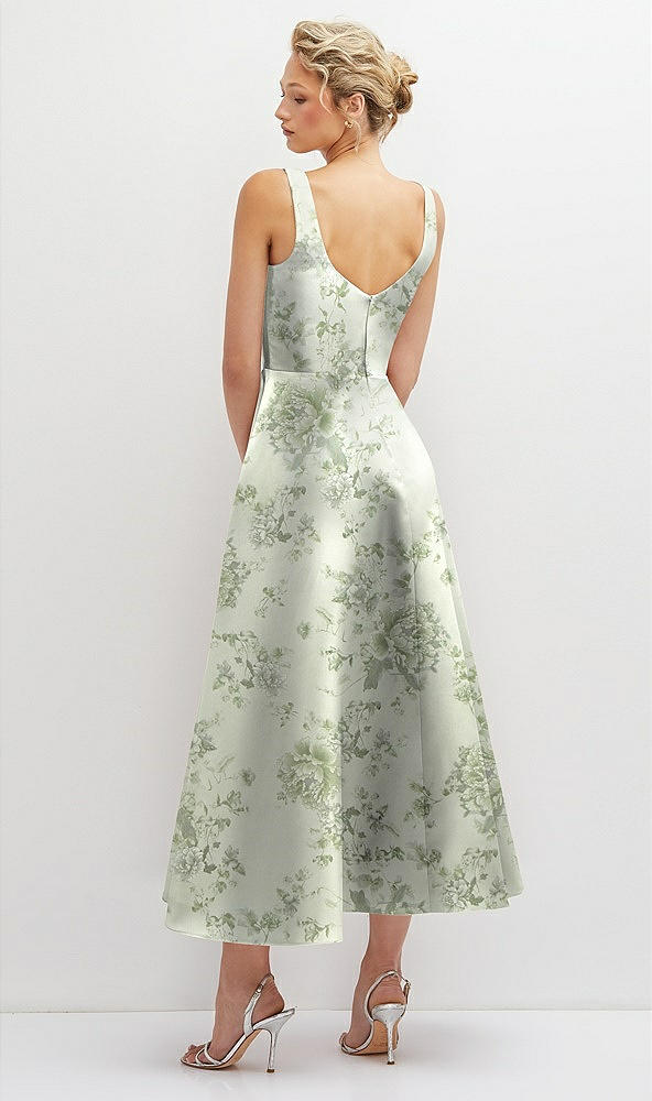 Back View - Sage Cottage Rose Floral Square Neck Satin Midi Dress with Full Skirt & Pockets