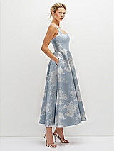 Side View Thumbnail - Porcelain Blue Seraphina Floral Floral Square Neck Satin Midi Dress with Full Skirt & Pockets