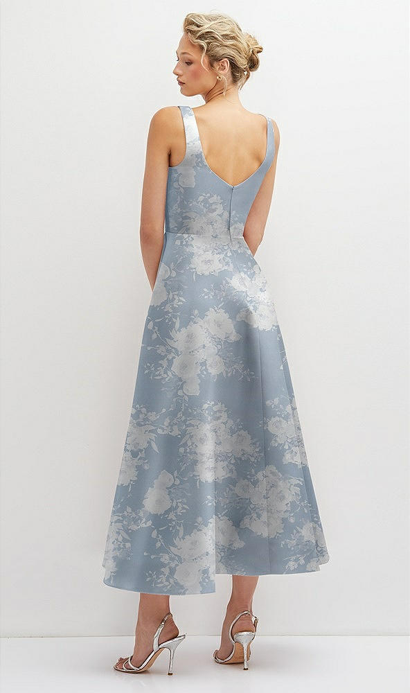 Back View - Porcelain Blue Seraphina Floral Floral Square Neck Satin Midi Dress with Full Skirt & Pockets