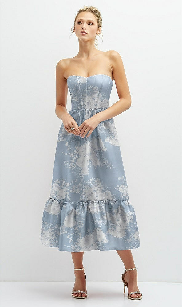 Front View - Porcelain Blue Seraphina Floral Floral Satin Strapless Midi Corset Dress with Lace-Up Back & Ruffle Hem