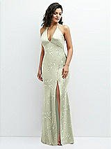 Front View Thumbnail - Vintage Primrose Celadon Floral Plunge Halter Open-Back Maxi Bias Dress with Tie Back