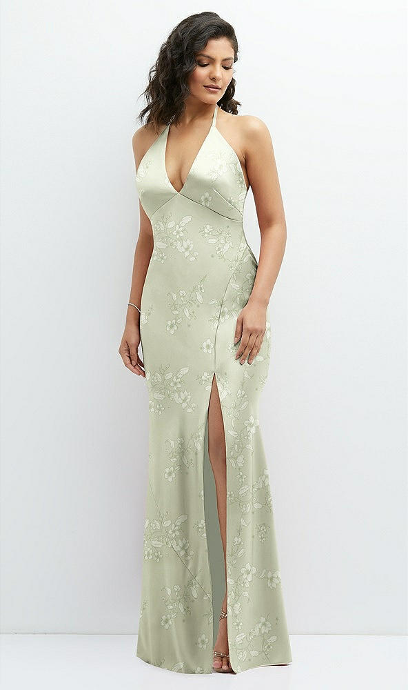 Front View - Vintage Primrose Celadon Floral Plunge Halter Open-Back Maxi Bias Dress with Tie Back