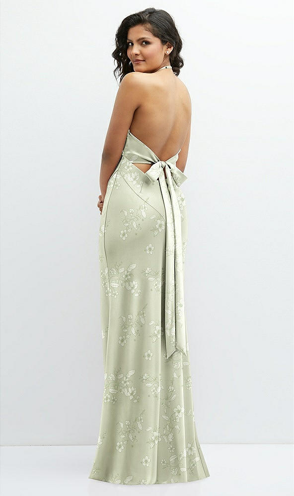 Back View - Vintage Primrose Celadon Floral Plunge Halter Open-Back Maxi Bias Dress with Tie Back