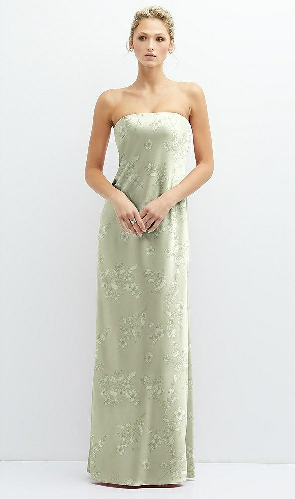 Front View - Vintage Primrose Celadon Floral Strapless Maxi Bias Column Dress with Peek-a-Boo Corset Back