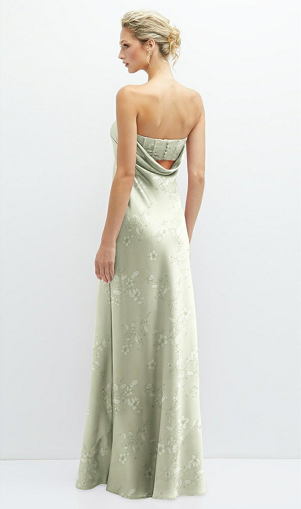 Back View - Vintage Primrose Celadon Floral Strapless Maxi Bias Column Dress with Peek-a-Boo Corset Back