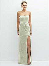 Front View Thumbnail - Vintage Primrose Celadon Floral Strapless Topstitched Corset Satin Maxi Dress with Draped Column Skirt