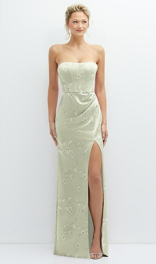 Front View - Vintage Primrose Celadon Floral Strapless Topstitched Corset Satin Maxi Dress with Draped Column Skirt