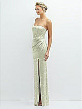 Side View Thumbnail - Vintage Primrose Celadon Floral Strapless Topstitched Corset Satin Maxi Dress with Draped Column Skirt