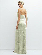 Rear View Thumbnail - Vintage Primrose Celadon Floral Strapless Topstitched Corset Satin Maxi Dress with Draped Column Skirt