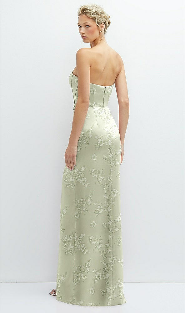 Back View - Vintage Primrose Celadon Floral Strapless Topstitched Corset Satin Maxi Dress with Draped Column Skirt