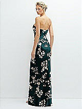 Rear View Thumbnail - Vintage Primrose Evergreen Floral Strapless Topstitched Corset Satin Maxi Dress with Draped Column Skirt