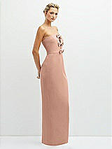 Side View Thumbnail - Pale Peach Rhinestone Bow Trimmed Peek-a-Boo Deep-V Maxi Dress with Pencil Skirt