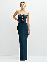 Front View Thumbnail - Atlantic Blue Rhinestone Bow Trimmed Peek-a-Boo Deep-V Maxi Dress with Pencil Skirt