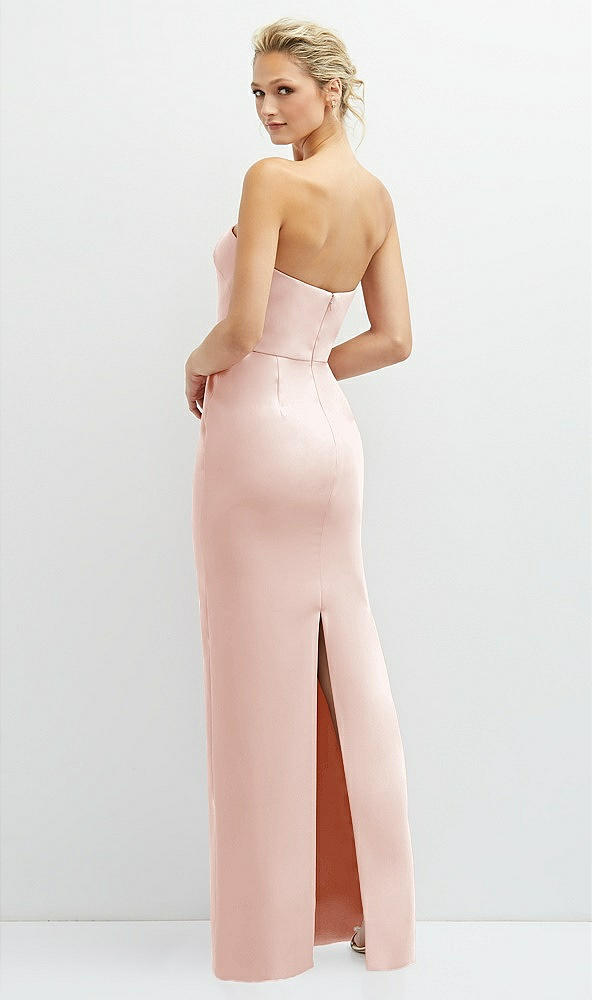 Back View - Blush Rhinestone Bow Trimmed Peek-a-Boo Deep-V Maxi Dress with Pencil Skirt