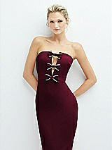 Alt View 1 Thumbnail - Cabernet Rhinestone Bow Trimmed Peek-a-Boo Deep-V Maxi Dress with Pencil Skirt