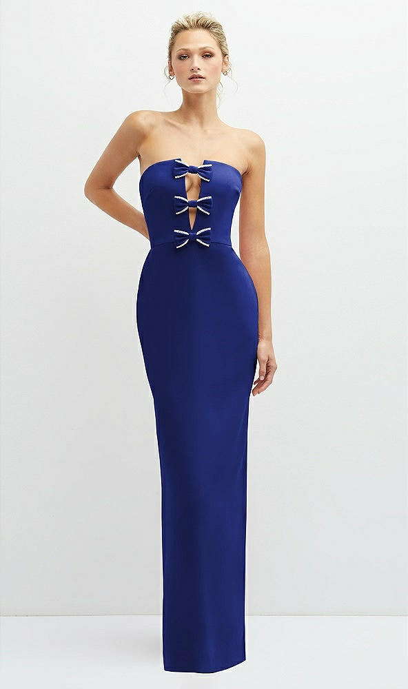 Front View - Cobalt Blue Rhinestone Bow Trimmed Peek-a-Boo Deep-V Maxi Dress with Pencil Skirt