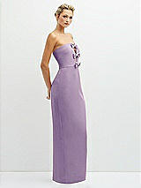 Side View Thumbnail - Pale Purple Rhinestone Bow Trimmed Peek-a-Boo Deep-V Maxi Dress with Pencil Skirt