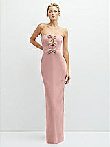 Front View Thumbnail - Rose - PANTONE Rose Quartz Rhinestone Bow Trimmed Peek-a-Boo Deep-V Maxi Dress with Pencil Skirt