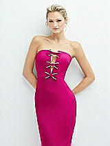 Alt View 1 Thumbnail - Think Pink Rhinestone Bow Trimmed Peek-a-Boo Deep-V Maxi Dress with Pencil Skirt