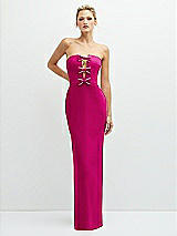 Front View Thumbnail - Think Pink Rhinestone Bow Trimmed Peek-a-Boo Deep-V Maxi Dress with Pencil Skirt