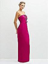 Side View Thumbnail - Think Pink Rhinestone Bow Trimmed Peek-a-Boo Deep-V Maxi Dress with Pencil Skirt