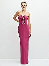 Front View Thumbnail - Tea Rose Rhinestone Bow Trimmed Peek-a-Boo Deep-V Maxi Dress with Pencil Skirt