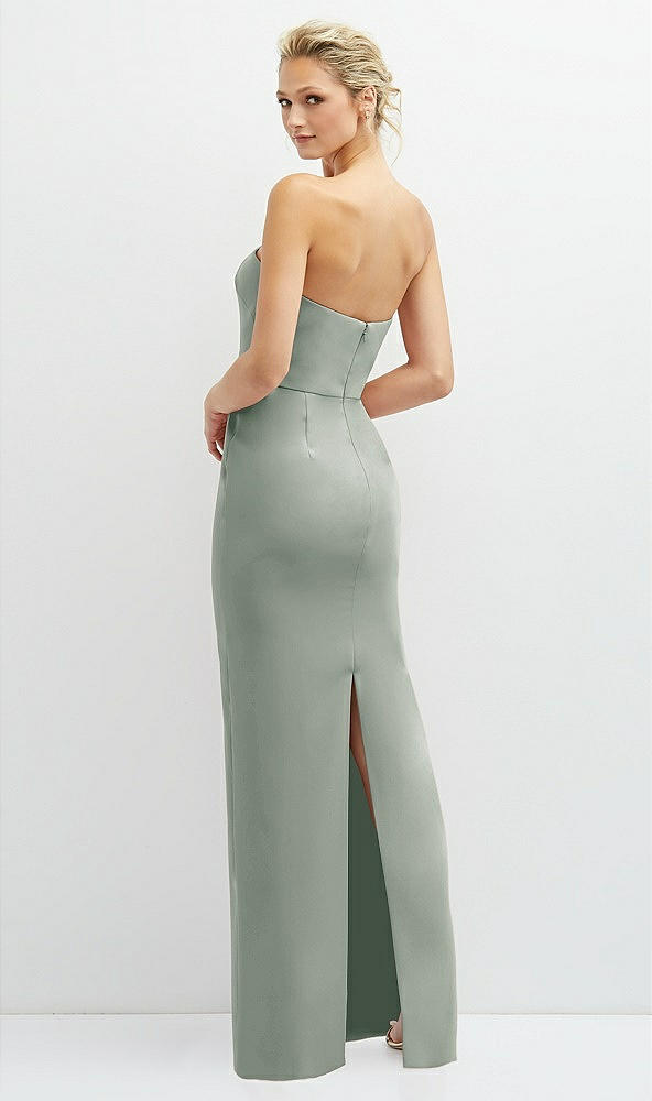 Back View - Willow Green Rhinestone Bow Trimmed Peek-a-Boo Deep-V Maxi Dress with Pencil Skirt